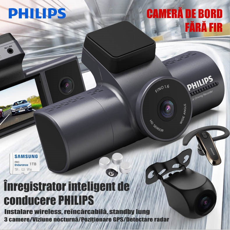 Înregistrator inteligent de conducere PHILIPS, instalare wireless, reîncărcabilă, standby lung