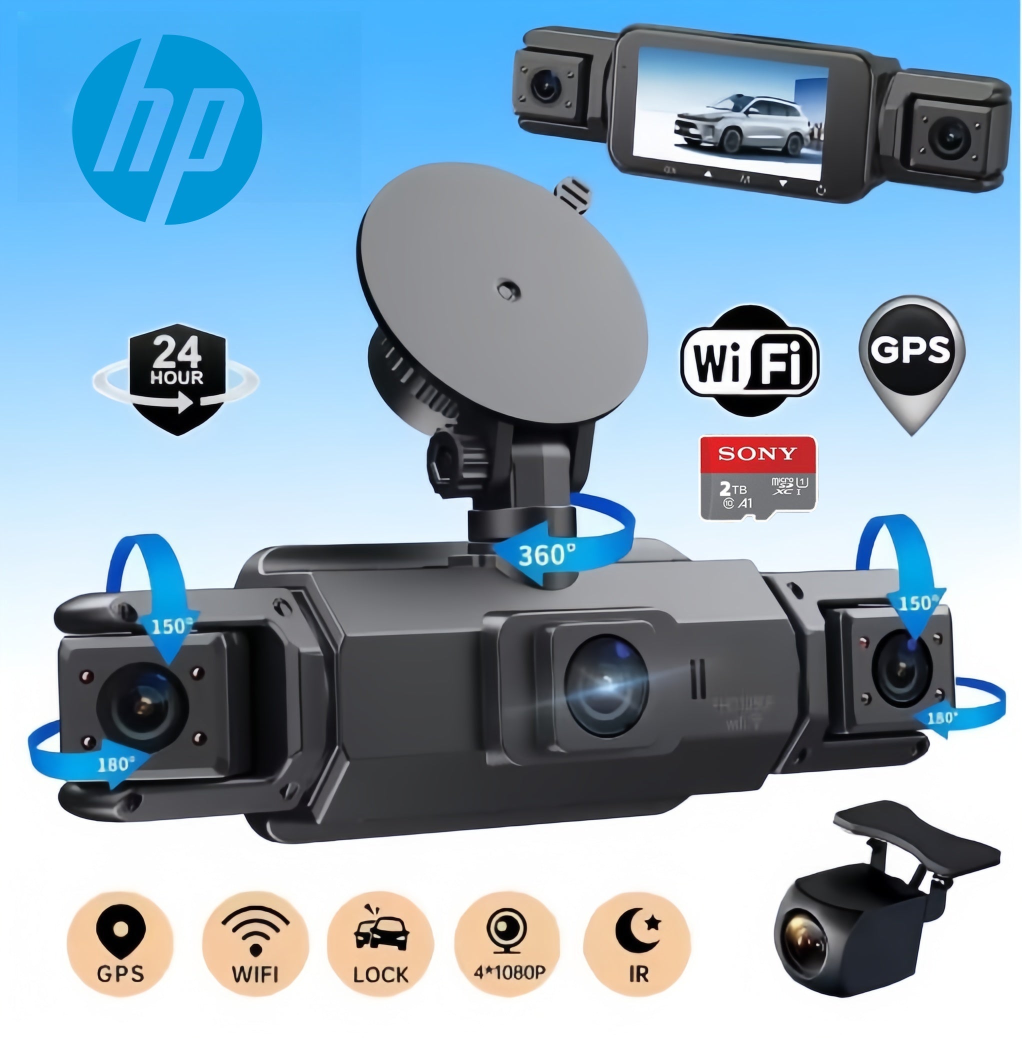 Cameră auto inteligentă HP nouă - 4 camere cu GPS WIFI FHD 1080P față, spate, laterală, vedere nocturnă, monitorizare parcare 24 de ore