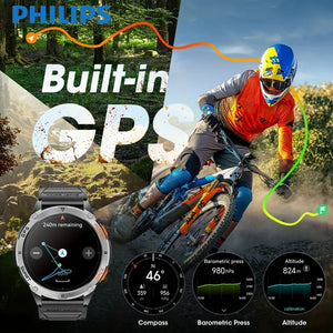 Ceas inteligent Philips cu poziționare GPS reală, baterie cu capacitate mare, ecran tactil HD AMOLED de 1,43 inci, apeluri wireless, mod sport, lanternă LED, ceas inteligent pentru exterior