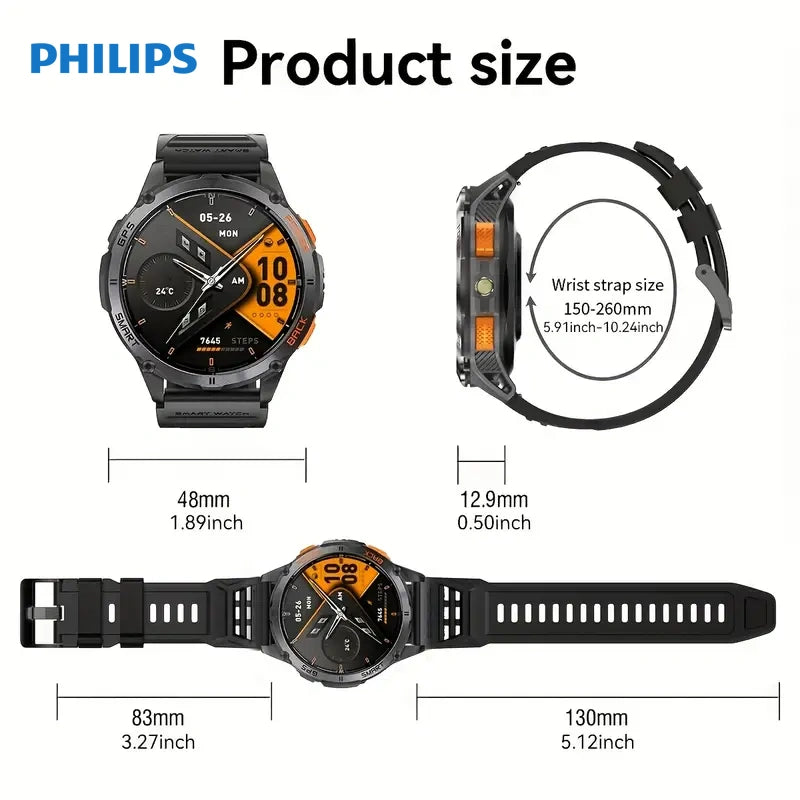 Ceas inteligent Philips cu poziționare GPS reală, baterie cu capacitate mare, ecran tactil HD AMOLED de 1,43 inci, apeluri wireless, mod sport, lanternă LED, ceas inteligent pentru exterior