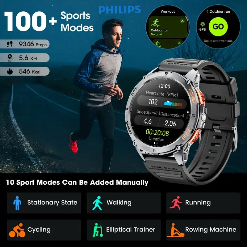 Ceas inteligent Philips cu poziționare GPS reală, baterie cu capacitate mare, ecran tactil HD AMOLED de 1,43 inci, apeluri wireless, mod sport, lanternă LED, ceas inteligent pentru exterior