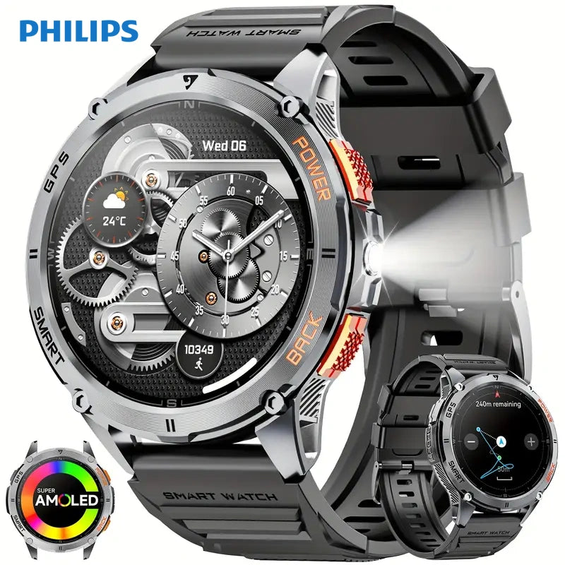 Ceas inteligent Philips cu poziționare GPS reală, baterie cu capacitate mare, ecran tactil HD AMOLED de 1,43 inci, apeluri wireless, mod sport, lanternă LED, ceas inteligent pentru exterior